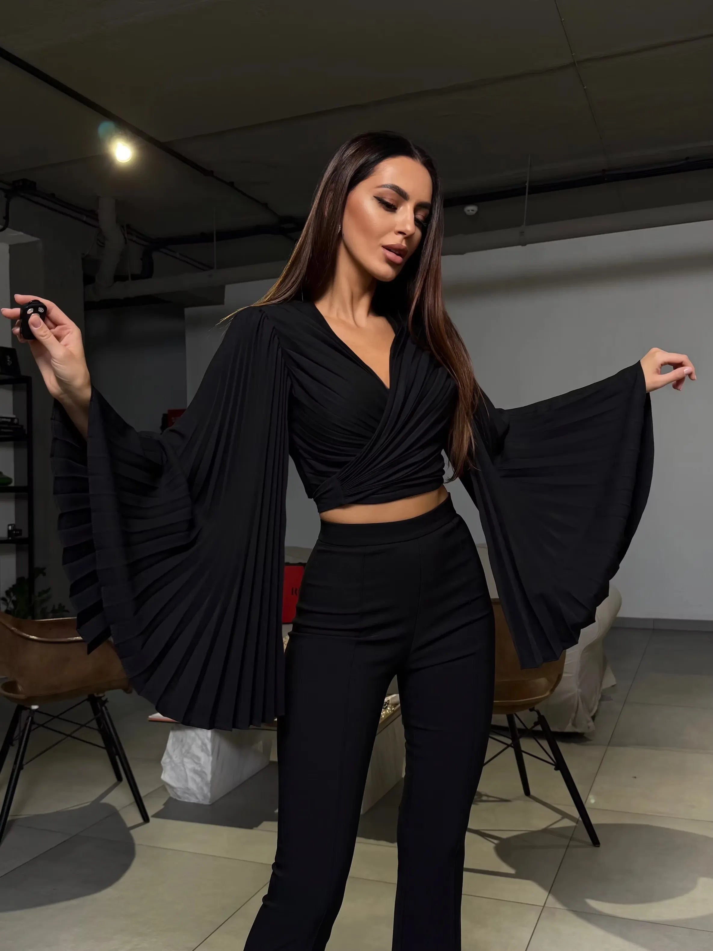 Crop Wrap Blouse 'Dream' with pleated sleeves and front