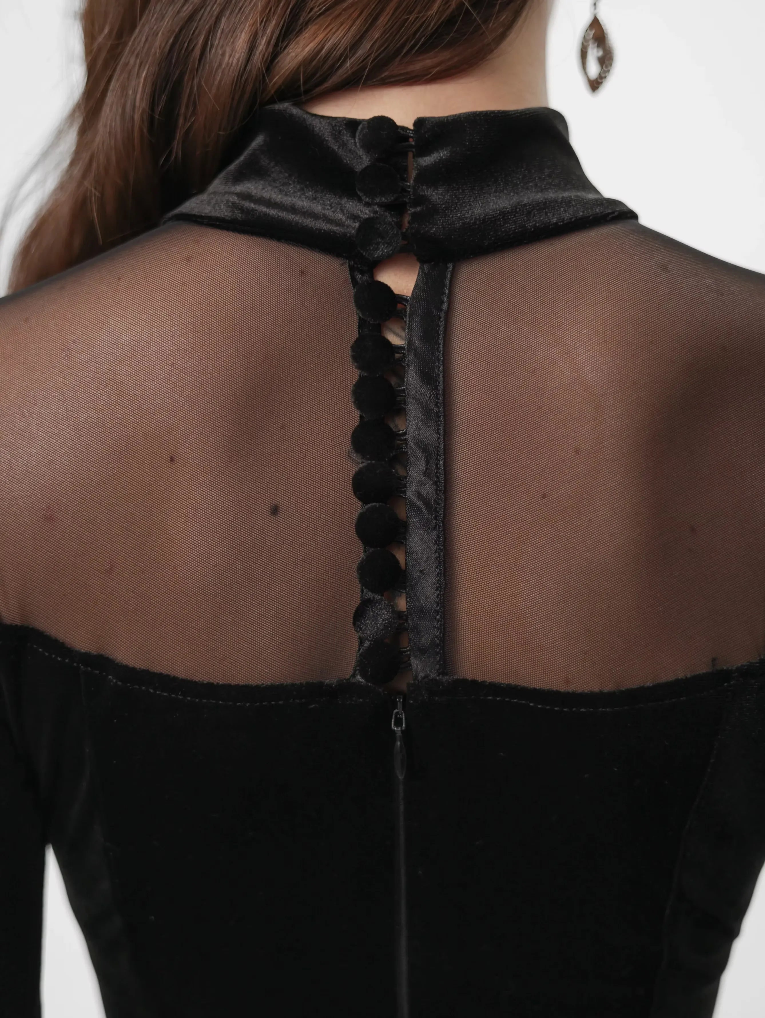 Long Velour Fishtail Gown 'Eclipse' with mesh off-shoulder design