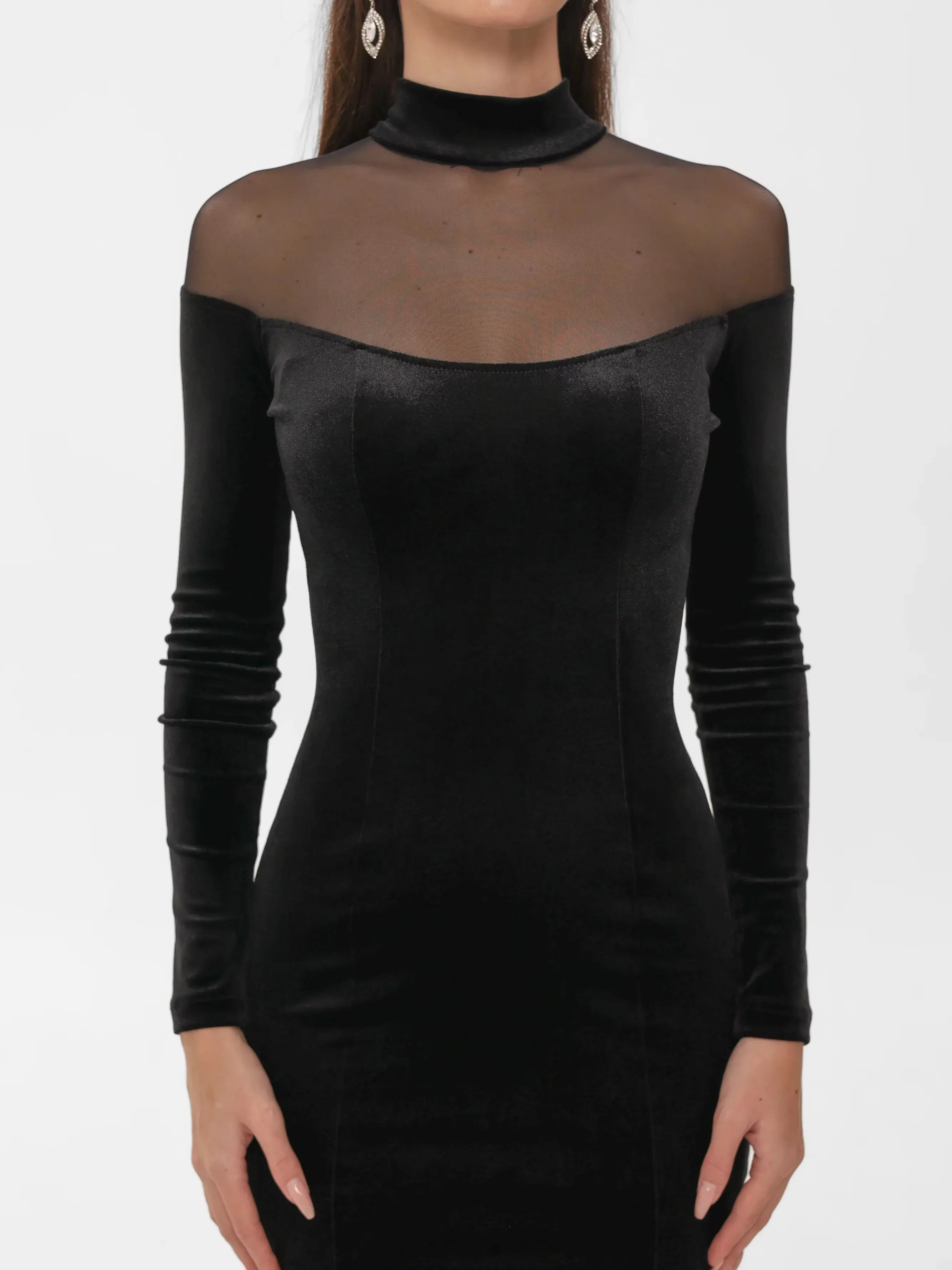 Long Velour Fishtail Gown 'Eclipse' with mesh off-shoulder design